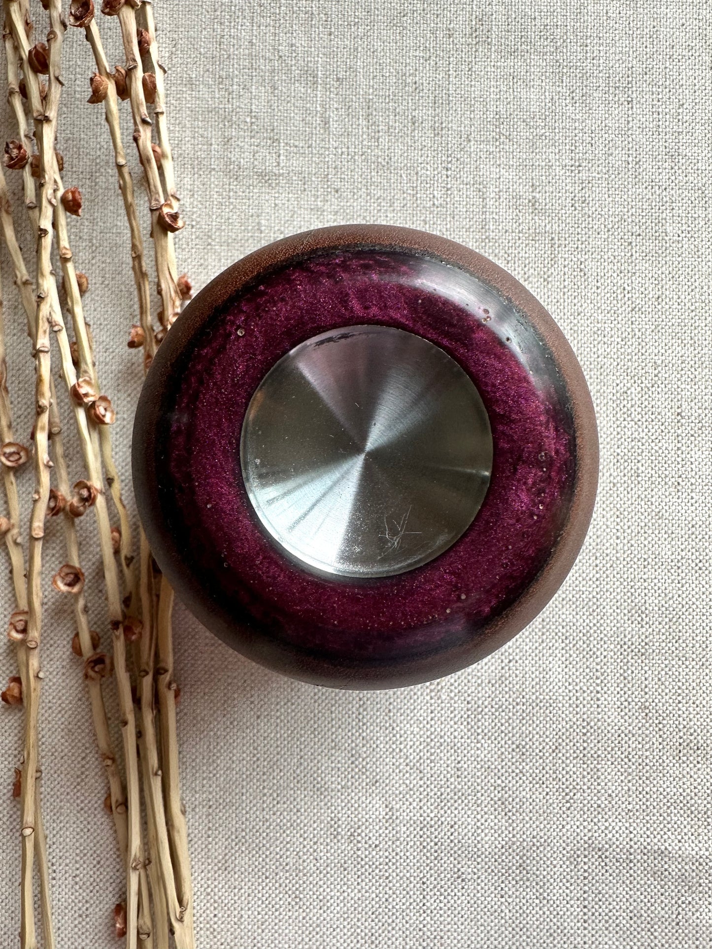 Walnut Support Spindle Bowl with Purple Resin